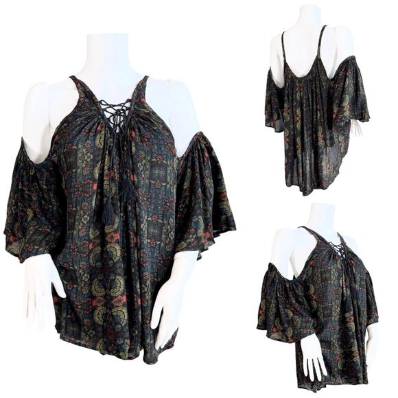 Sea Gypsies Floral Lace Up Cold Shoulder Top SZ L $69 - Picture 1 of 11